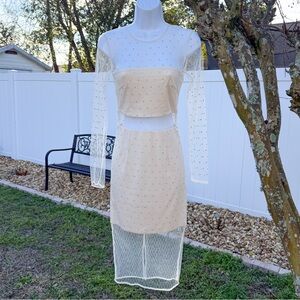 bebe Nude Rhinestone Sheer Mesh Long Sleeve Illusion Midi Dress XS
